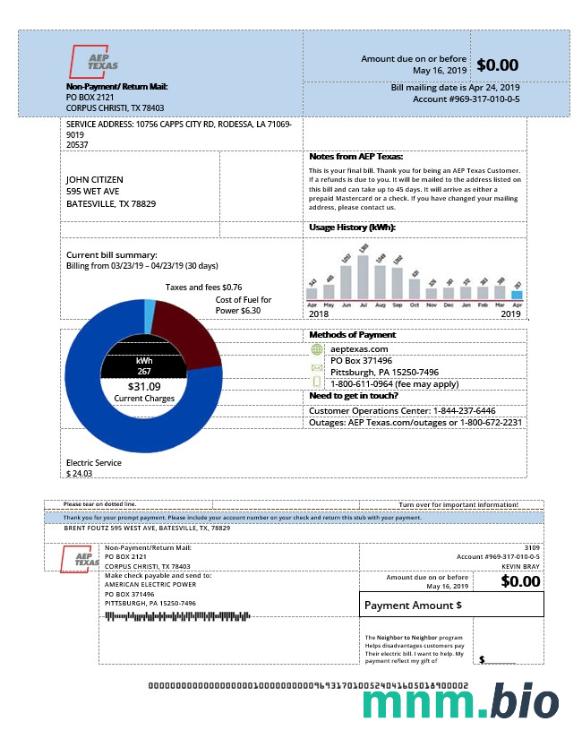 Szablon rachunku za energię elektryczną USA AEP Texas w formacie Word i PDF
